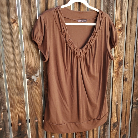 Volume One Tops - Chocolate Brown Ruffled Tunic Knit Top Plus 2X